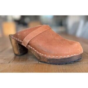 Lotta from Stockholm Tan Leather Clog Wood Sole Clog 39 US 8.5
